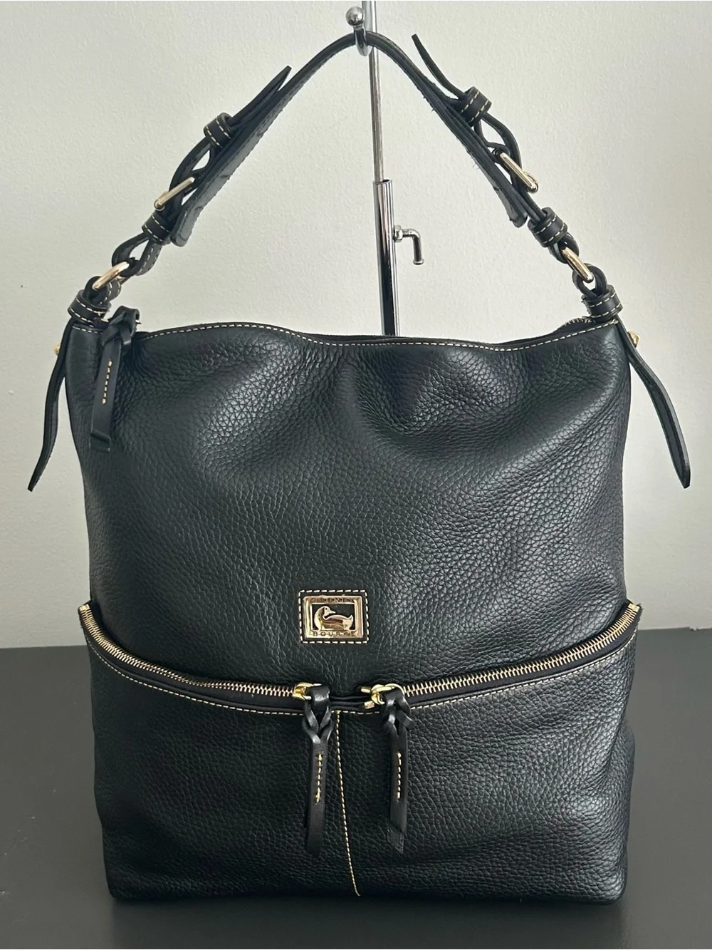 Dooney & Bourke Black Pebbled Leather Hobo Shoulder Bag Front Zip Pocket